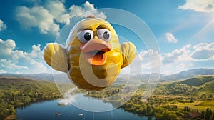 A comical hot air balloon in the shape of a giant rubber ducky,