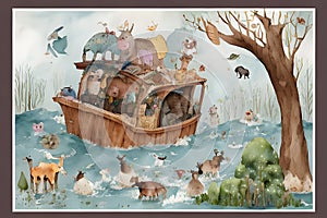 comical image of a whimsical Noah\'s Ark overflowing with animals and surrounded by a sea of rising floodwaters.