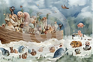 comical image of a whimsical Noah\'s Ark overflowing with animals and surrounded by a sea of rising floodwaters.