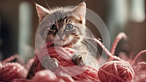 comical kitten with a look of mock despair, hilariously entangled in a giant ball of yarn, photo
