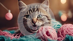comical kitten with a look of mock despair, hilariously entangled in a giant ball of yarn, photo