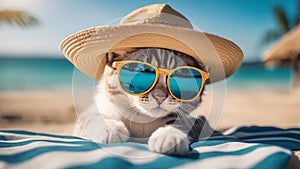 A comical kitten wearing a pair of oversized sunglasses and a straw hat, lounging on a beach towel