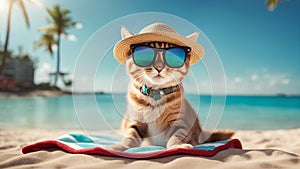 A comical kitten wearing a pair of oversized sunglasses and a straw hat, lounging on a beach towel