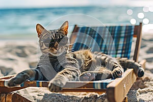 A comical moment of a funny looking cat wearing sunglasses lying on a sun lounger on the beach