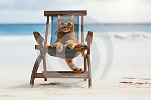 A comical moment of a funny looking cat wearing sunglasses lying on a sun lounger on the beach