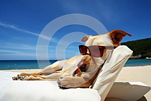A comical moment of a funny looking dog wearing sunglasses lying on a sun lounger on the beach
