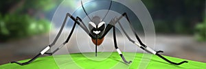 Cartoonish mosquito with menacing expression on leaf
