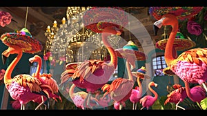 A comical scene of flamencodancing flamingos donning colorful bow ties and fedoras swinging from the chandeliers as they