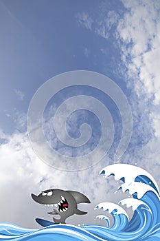 Comical shark surfer