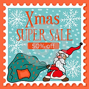 Comical strange cartoon Santa Claus pulling a huge bag of gifts