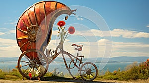 A comically exaggerated bicycle with oversized wheels and a whimsical design, parked near a scenic view