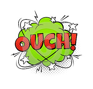 Comics balloon ouch text. Cartoon speech bubble, red green and white colors. Retro sound speech effect halftone dot