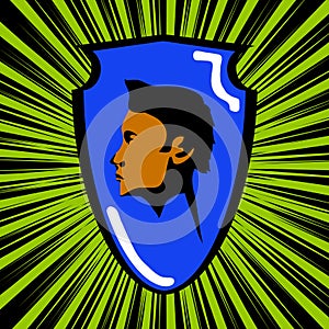 Comics cartoons style shield with human head on star burst