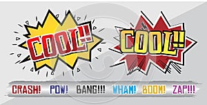 Comics cloud with Boom, Oops, Pow, Wow and Crush word. Vector comic sound effects in pop art style. Sound bubble speech with word