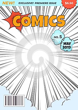 Comics magazine cover. Comic book superhero title. Cartoon pop art halftone dot vector design