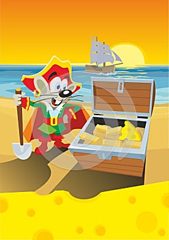 Comics mouse pirate found a treasure with cheese