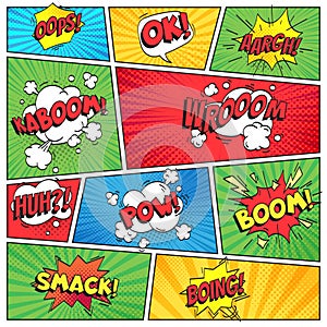 Comics page. Comic book grid frame, funny oops bam smack text speech bubbles on color stripes background vector layout