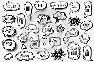 Comics speech bubbles transparent set. Comic speech bubbles set. Vector doodles illustration on a trfansparent