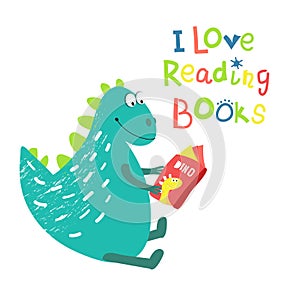 The comics style, cartoon with the words and phrases. Print for children`s clothing, fabrics, postcards. Dinosaur reading a book.