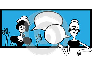 Comics talking doodles banner. Female meeting and talking sticker