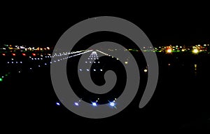 Coming in for a landing - Abstract airport runnway in the dark on a wet night backgound