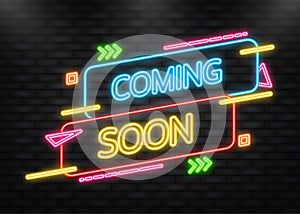 Coming soon banner in neon style on dark background. Vector illustration