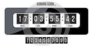 Coming soon. Countdown timer with scoreboard background. Counter timer display