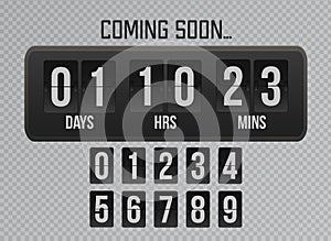 Coming soon flip clock timer countdown on gray background. Website Flip timer template.