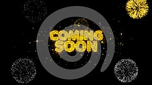 Coming soon golden text blinking particles with golden fireworks display