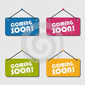 Coming Soon Hanging Sign Set - Vector Illustration - Isolated On Transparent Background