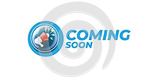 Coming soon horizontal banner with megaphone and button on isolated on white background. Vector coming soon sign