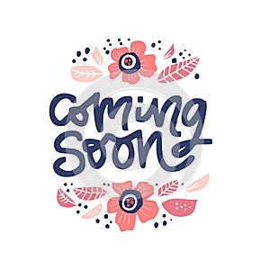 Coming soon ink brush lettering in floral frame