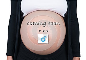 Coming soon. pregnant woman with male symbol