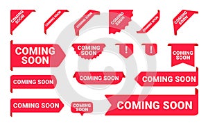 Coming Soon promo banners, stickers and tag labels. Vector isolated red pink shop or store banners ribbon signs