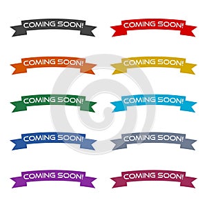 Coming soon ribbon sticker color set isolated on white background