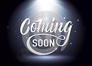 Coming soon sign. Promotion announcement banner with light white text