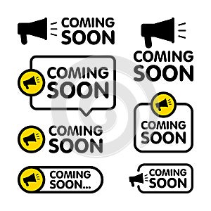 Coming soon sign set with announcement megaphone. Vector flat illustration on white background
