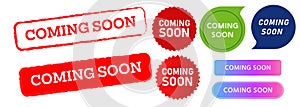 coming soon stamp speech bubble button and label sticker sign promotion marketing advertisement