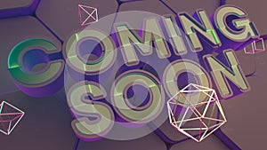 Coming Soon title. black 3d text Hex background. Polygon golden frame structure 3d illustration. Trendy Design. concept