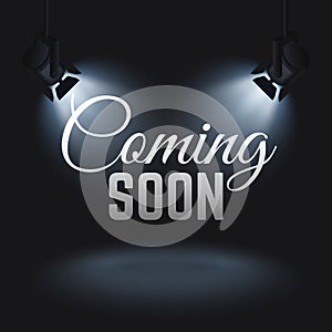 Coming soon vector mystery retail concept with spotlights on stage