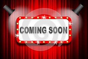 Coming soon word on banner with red curtains