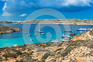 Comino, Malta - Panoramic skyline view of the famous and beautiful Blue Lagoon on the island of Comino