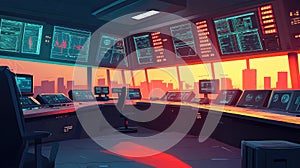 Command center control room monitoring data at sunset