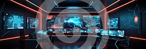 Command center interior banner. 3d room with neon light. Sci-fi concept with screens and workspace. Future surveillance photo