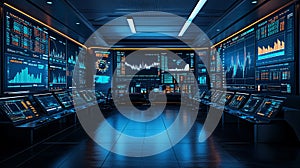 Command center with multiple high-resolution screens displaying dynamic financial data. AI Generated