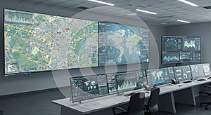 Modern Control Room with Large Data Displays and Monitoring Stations