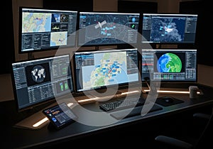 Screens displaying various data: maps, weather patterns, global