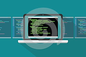 command line interface cli programming language concept with laptop and code programming - vector