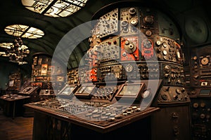 command post of a retro analog control center for an industrial enterprise or a nuclear power plant, control panel, devices