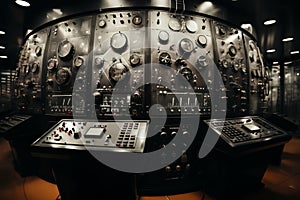 command post of a retro analog control center for an industrial facility or nuclear power plant, a control panel, devices for
